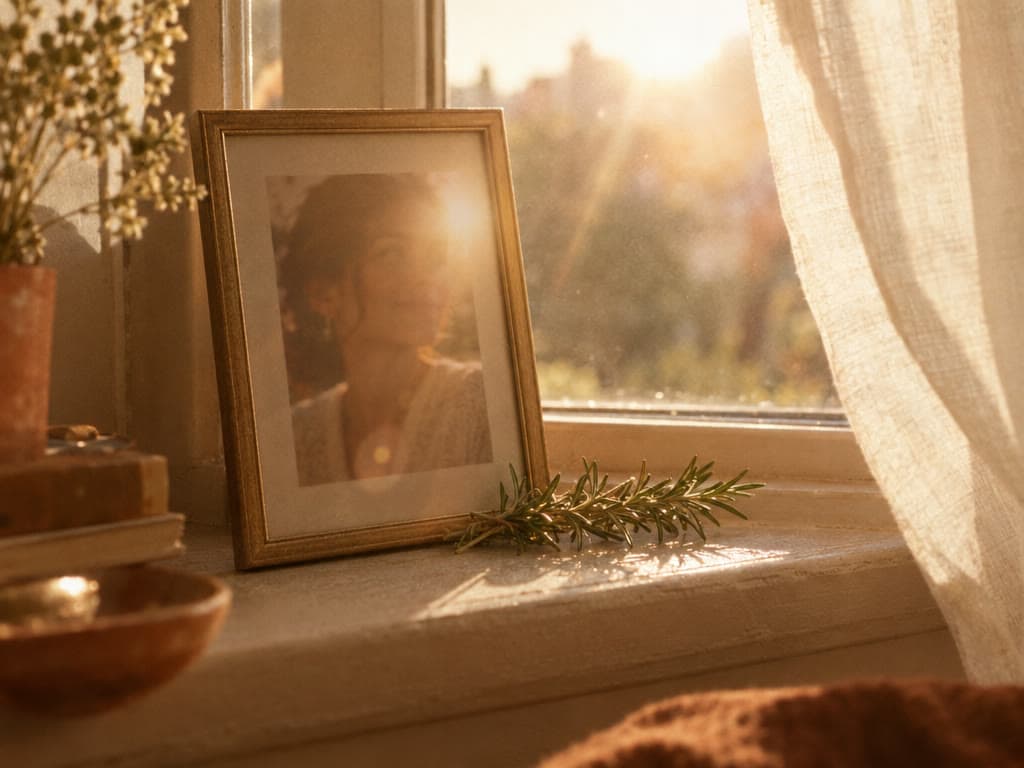 A framed portrait on a windowsill in morning light, a sprig of rosemary beside it