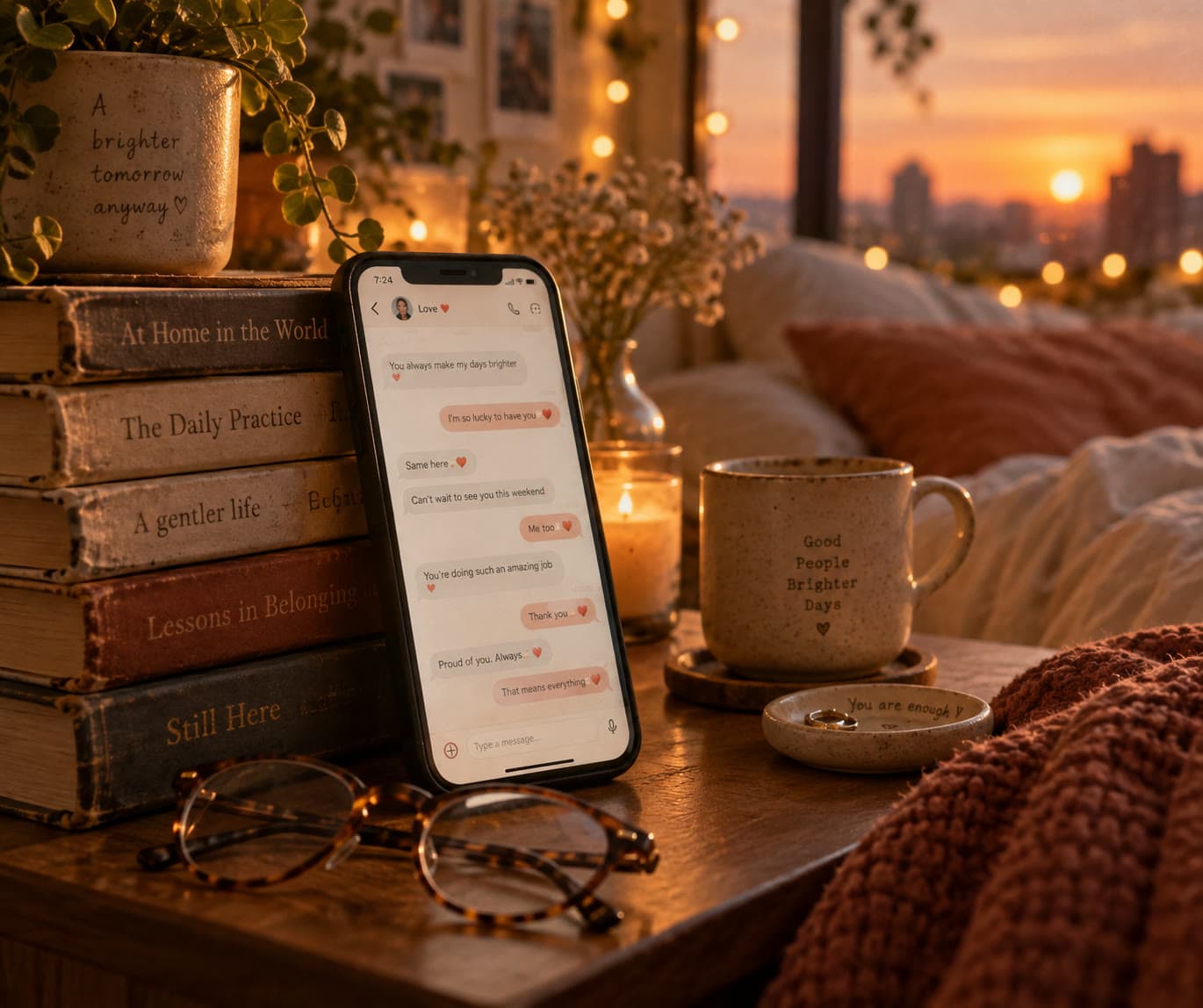 A phone propped against a stack of books at dusk, an old loving conversation glowing on its screen