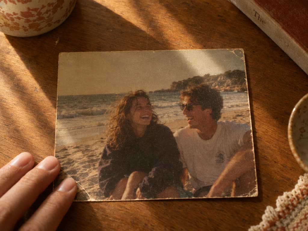 An old beach photograph of two people laughing, held gently at its corner