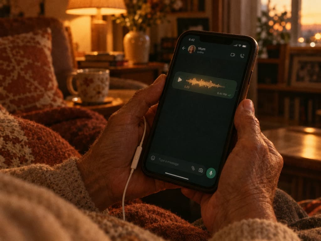 Hands holding a phone as a saved voice message plays in warm lamplight